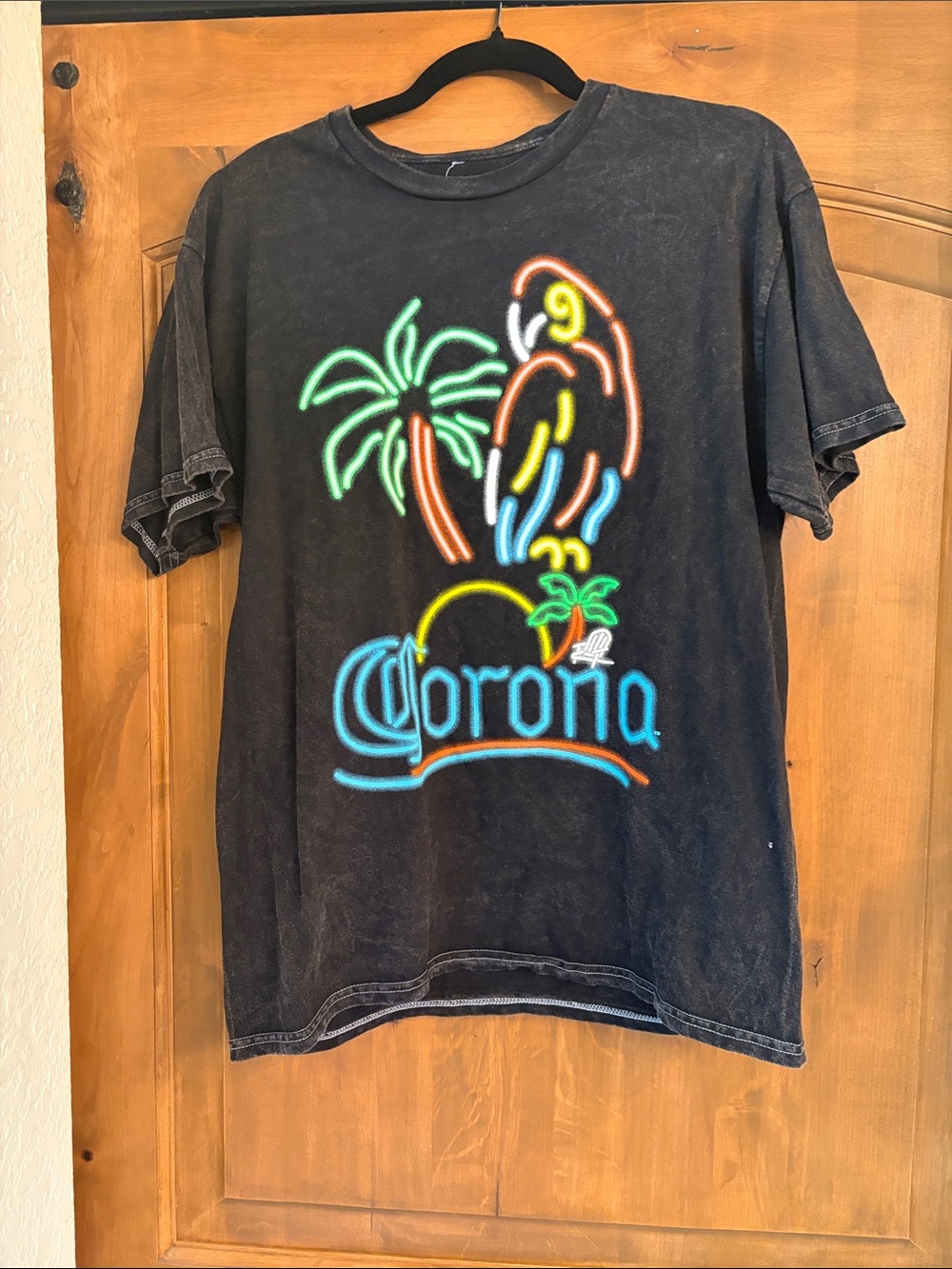 Corona Black Tee with Neon Parrot and Palm Design